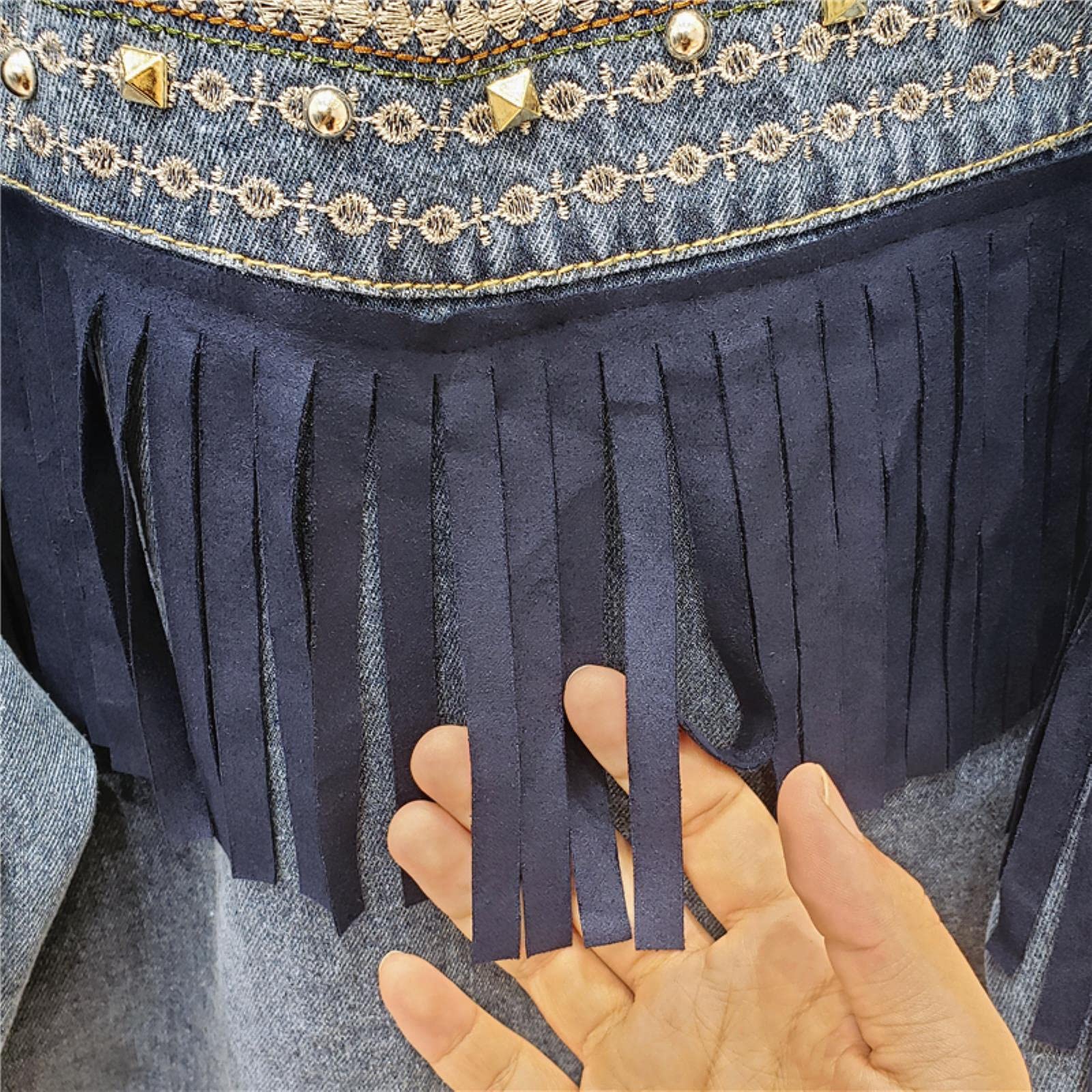 UKKO Giacca di Jeans Giacca in Denim Coreano Ricamo Floreale Nappa Giacca A Maniche Lunghe Giacca A Maniche Lunghe Giacca da Donna Veste Femme-Navy Blue,S