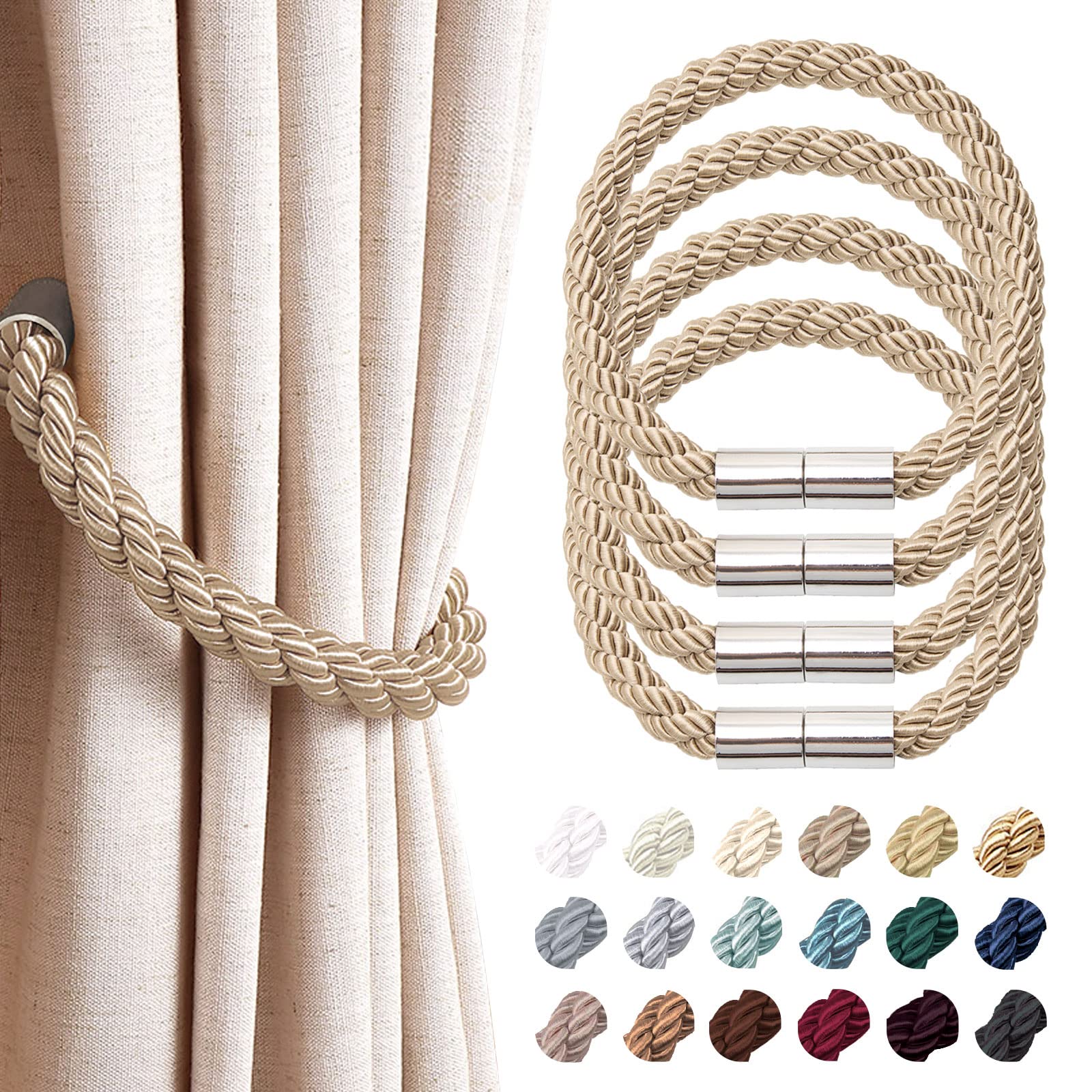 NICEEC 4 Pack Strong Magnetic Curtain Tiebacks Modern Simple Style Drape Tie Backs Convenient Decorative Weave Rope Curtain Holdbacks for Thin or Thick Home & Office Window Draperies (Khaki)