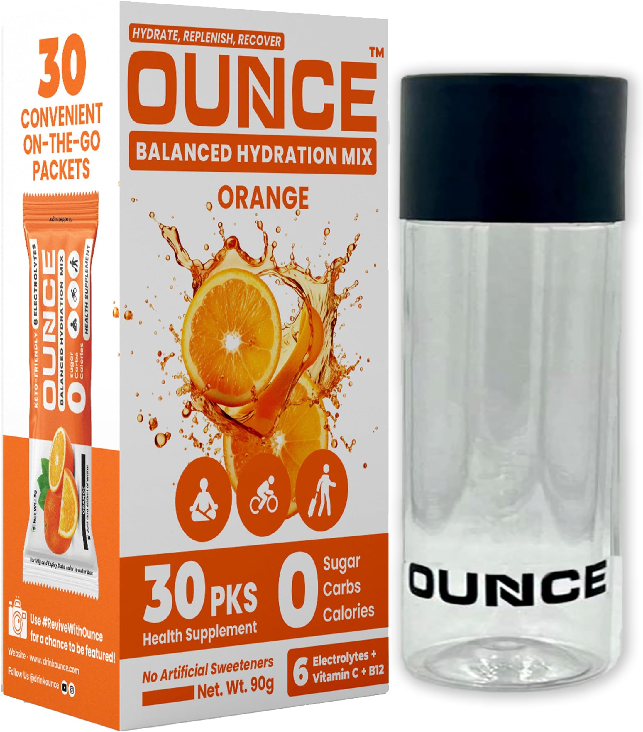 Ounce Energy Drink - Electrolyte Powder Sugar Free - 30 Orange Hydration Powder Drink Mix Sachet with 6 Keto Electrolytes no Sugar : Na, Mg, Ca, K, P & Cl boosted with Vitamins B12 & C