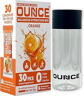 Ounce Energy Drink - Electrolyte Powder Sugar Free - 30 Orange Hydration Powder Drink Mix Sachet with 6 Keto Electrolytes no Sugar : Na, Mg, Ca, K, P & Cl boosted with Vitamins B12 & C