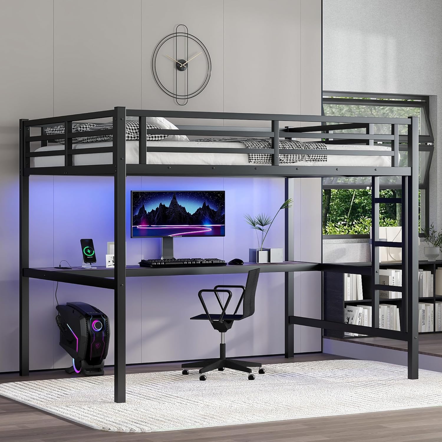Bellemave Full Size Metal Loft Bed with Desk and LED Lights,Heavy Duty Loft Bed Frame with Charging Station and USB for Kids,Teens,Adults,Full Size,Black