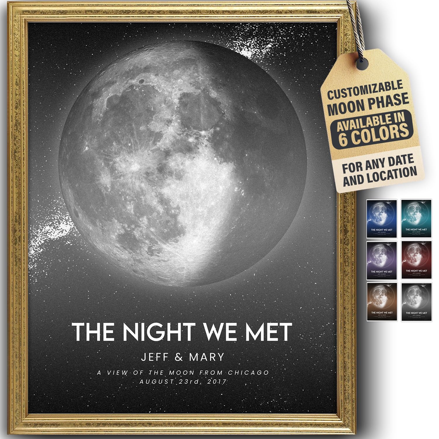 Custom Moon Phase Gift for Specific Date | Romantic Gifts for Her | Gifts for Husband | Personalized Night Sky | Paper Anniversary | (e.g. Wedding, Valentine's Day, Birthday, etc) | Grey with Thin Border & Front Glow