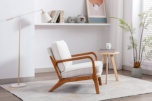 Miniatura 7 de JOYBASE Sillón con brazos, silla decorativa moderna de mediados de siglo, sillón con marco de madera para sala de estar, dormitorio (beige, tela)