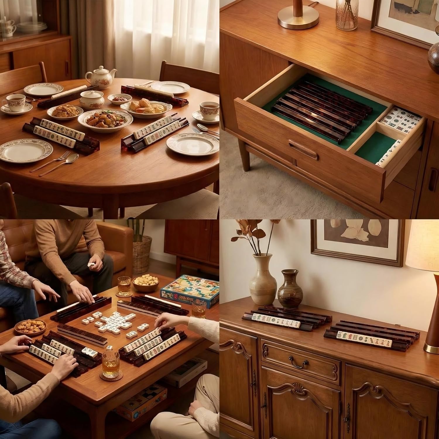 Tortoise Shell Acrylic Mahjong Racks with Pushers, 17.5-Inch Extended 4-Piece Set for American Mahjong Tile Holder