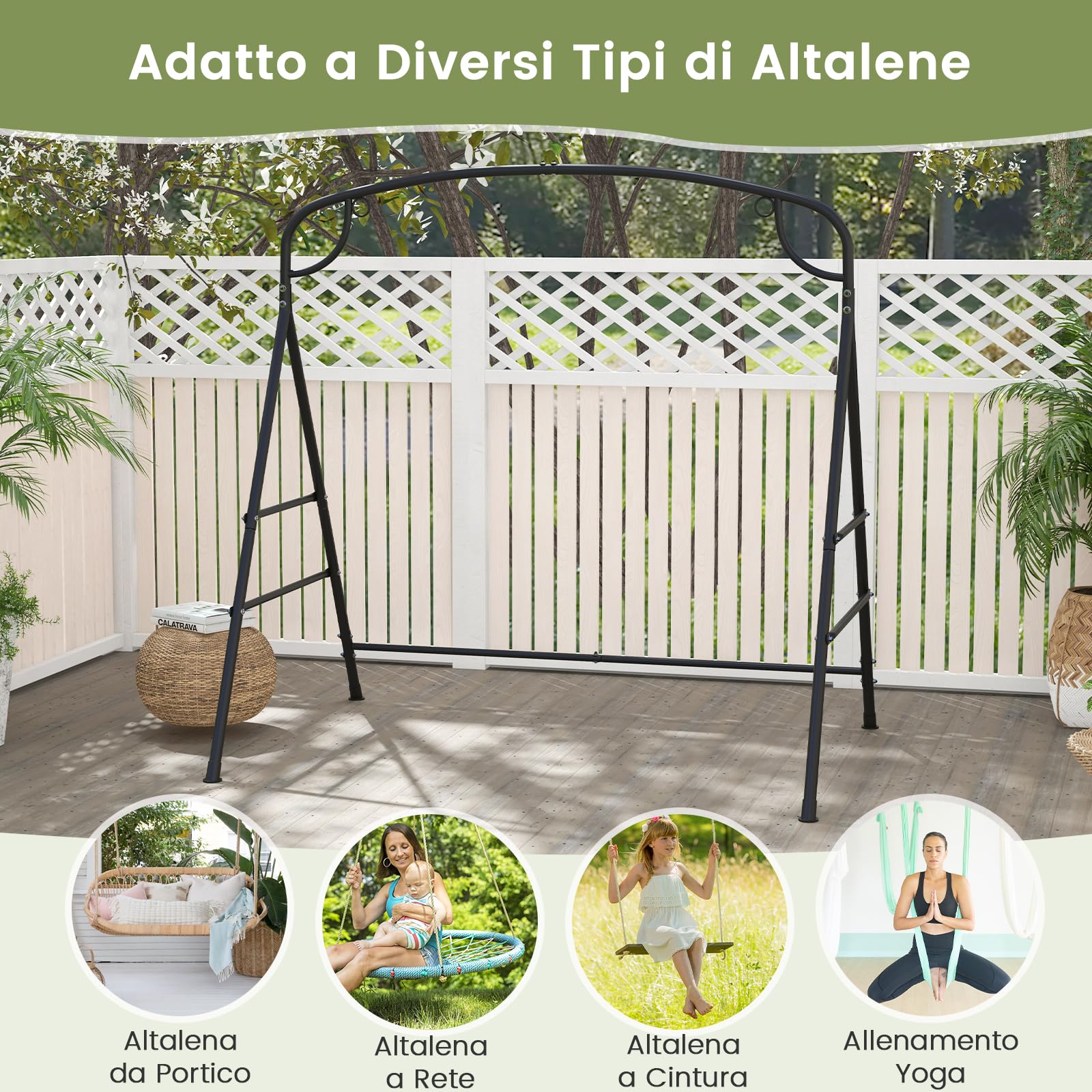RELAX4LIFE Supporto Altalena/Panca Sospesa in Metallo con 2 Anelli di Sospensione, Portata di 300 kg, Forma a A per Interno ed Esterno,180 x 133 x 182 cm