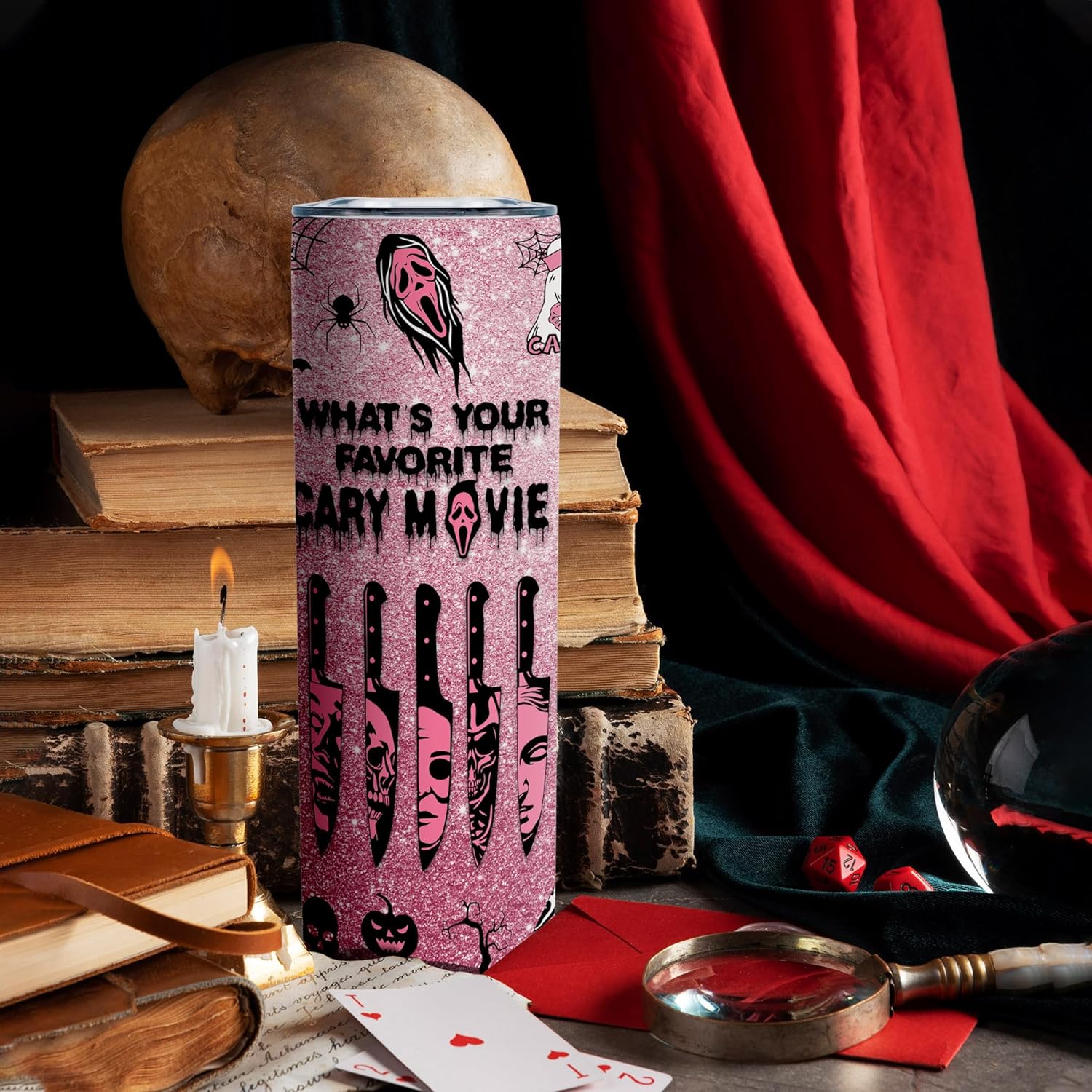 Pink Spooky Cute 20oz Skinny Tumbler, Halloween Horror Aesthetic Stainless Steel Travel Mug with Lid, Insulated Coffee Cup Gift for Women Teens - Image 5