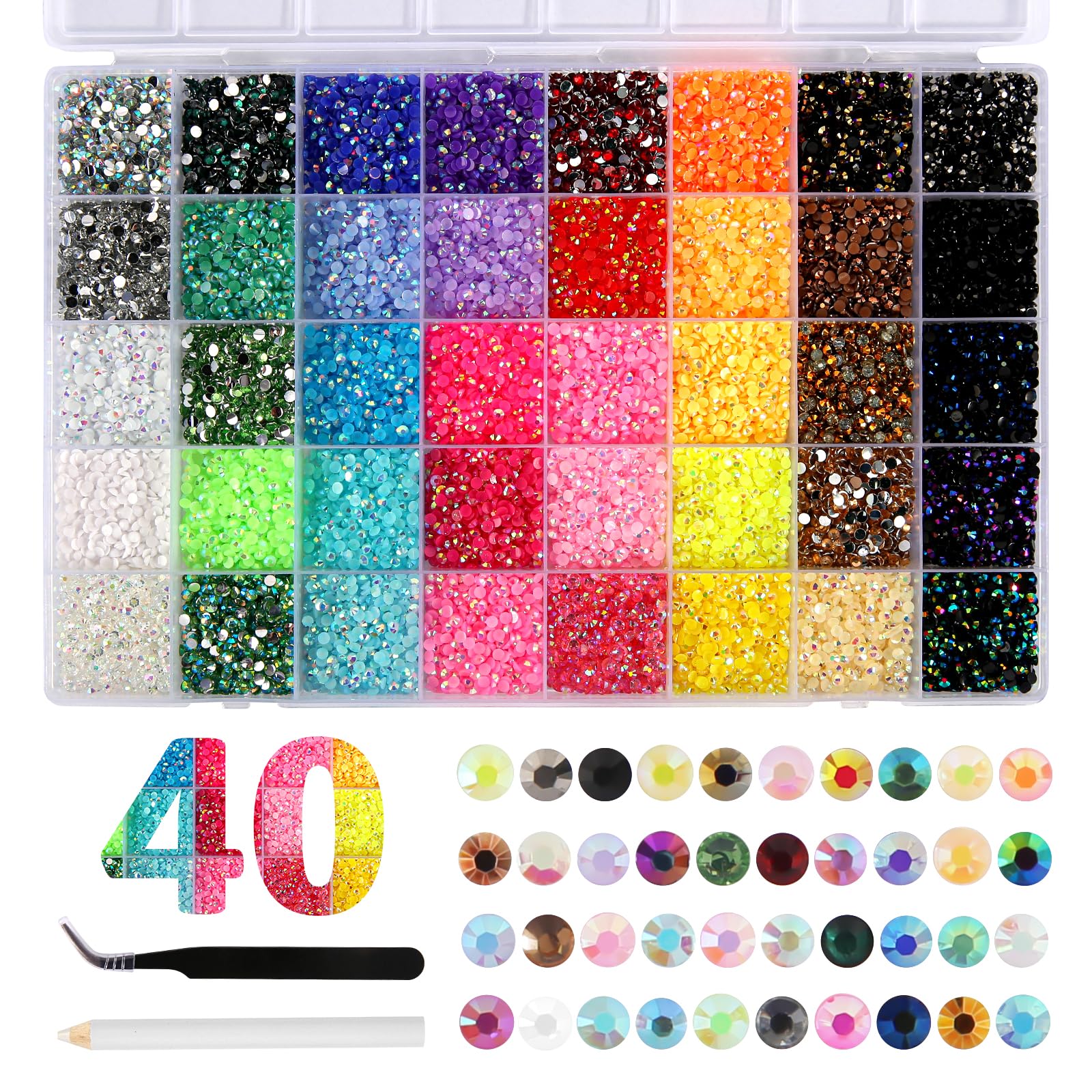 32 000 sztuk kryształków do paznokci 3 mm, Nail Art kamienie stras, płaskie kamienie szlachetne, okrągłe błyszczące kamienie do paznokci z pęsetą i długopisem do punktowania, kamienie do paznokci, DIY