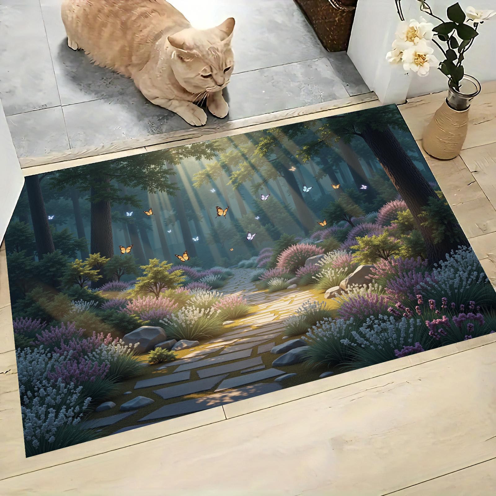 Paillasson de intérieur Antidérapant, Tapis de Rêve Forêt, Tapis Salle de Bain Flanelle Douce, Absorbant l'eau, pour Cuisine (Fleurs Papillons, 80x120cm