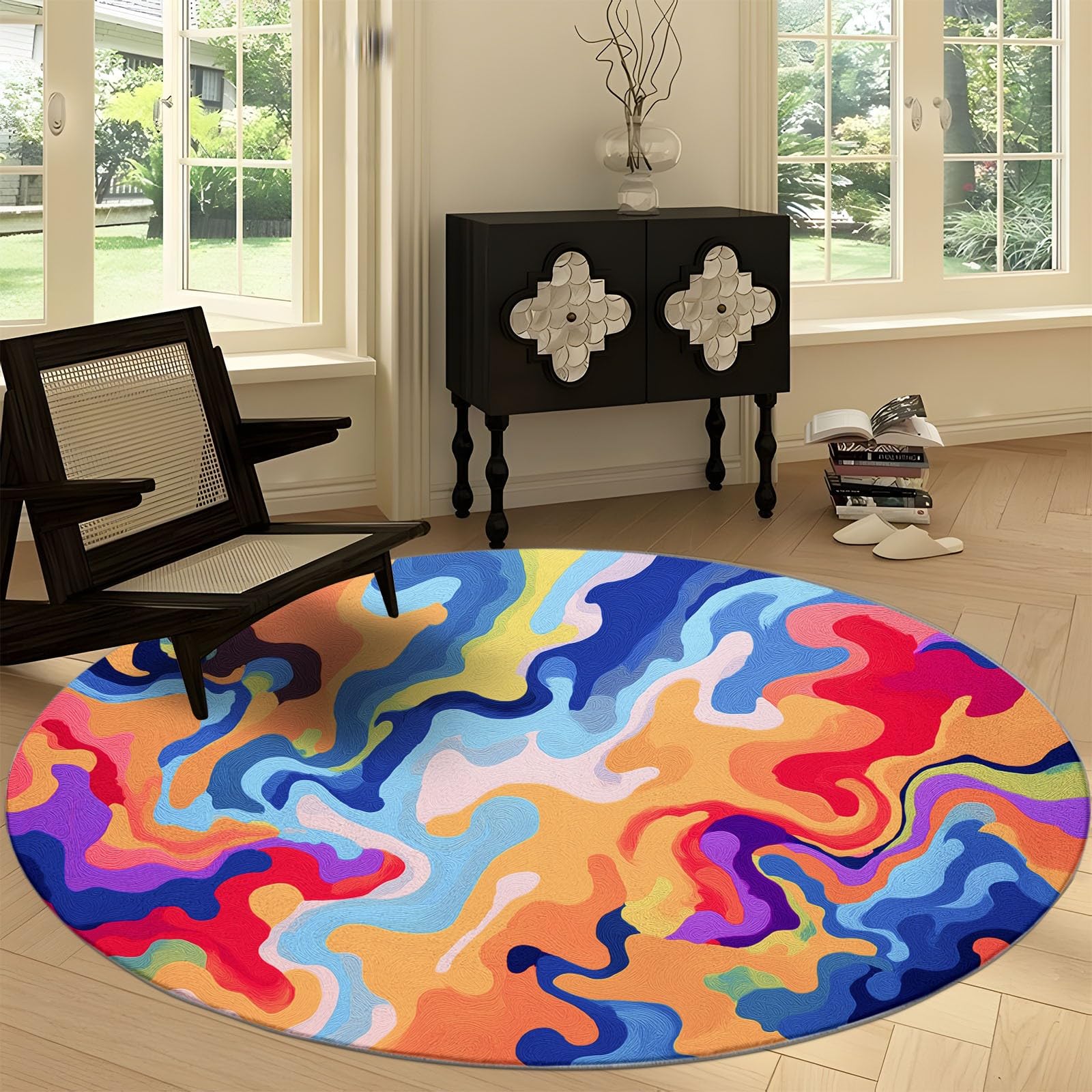 Mehrfarbig Teppich Rund Kurzflor 180 cm, Waschbare rutschfest Weich Abstrakt Bunter Spiralwirbel Linien Runder Teppiche Kinderteppich Wohnzimmer Bettvorleger Schlafzimmer