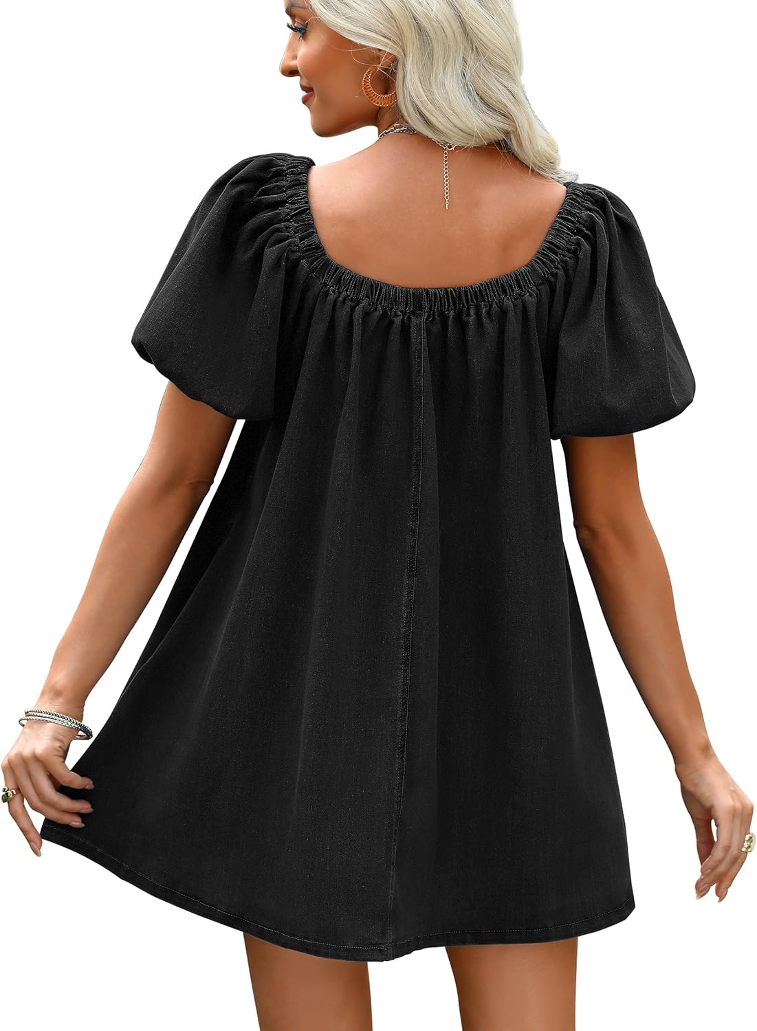 Denim Dress for Women, Puff Short Sleeve Jean Dress Square Neck Denim Romper with Pockets - Image 4