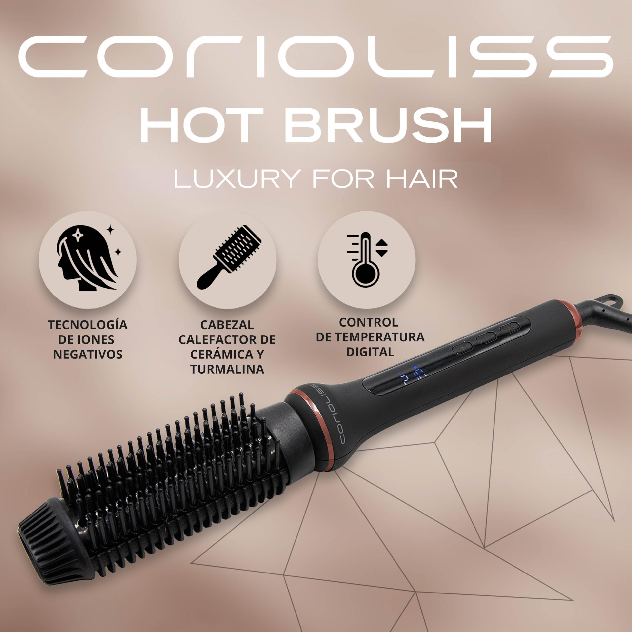 Corioliss Cepillo Alisador Pelo Eléctrico Hot Brush Antifrizz Control Temperatura 80º a 210º Iónico Cerámica Apagado Automático