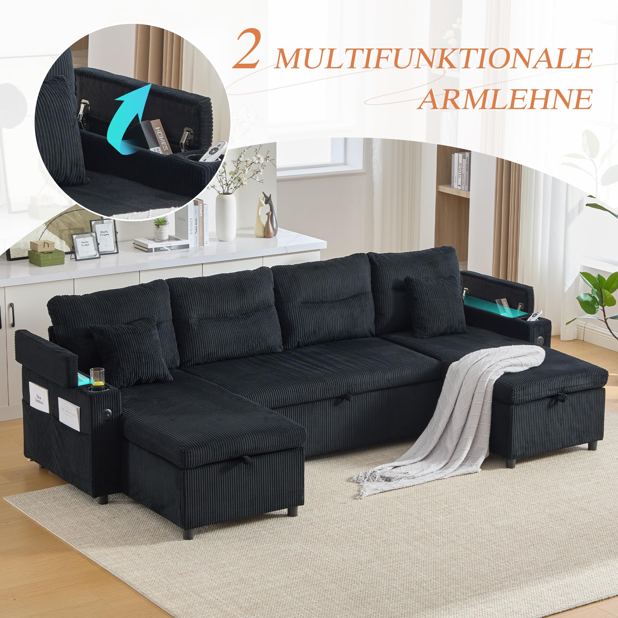Canapé Convertible, Canapé lit modulable en U avec lit gigogne et méridienne de Rangement, canapé d'angle Convertible 2 à 4 Places avec 2 Porte-gobelets et Ports USB pour Salon
