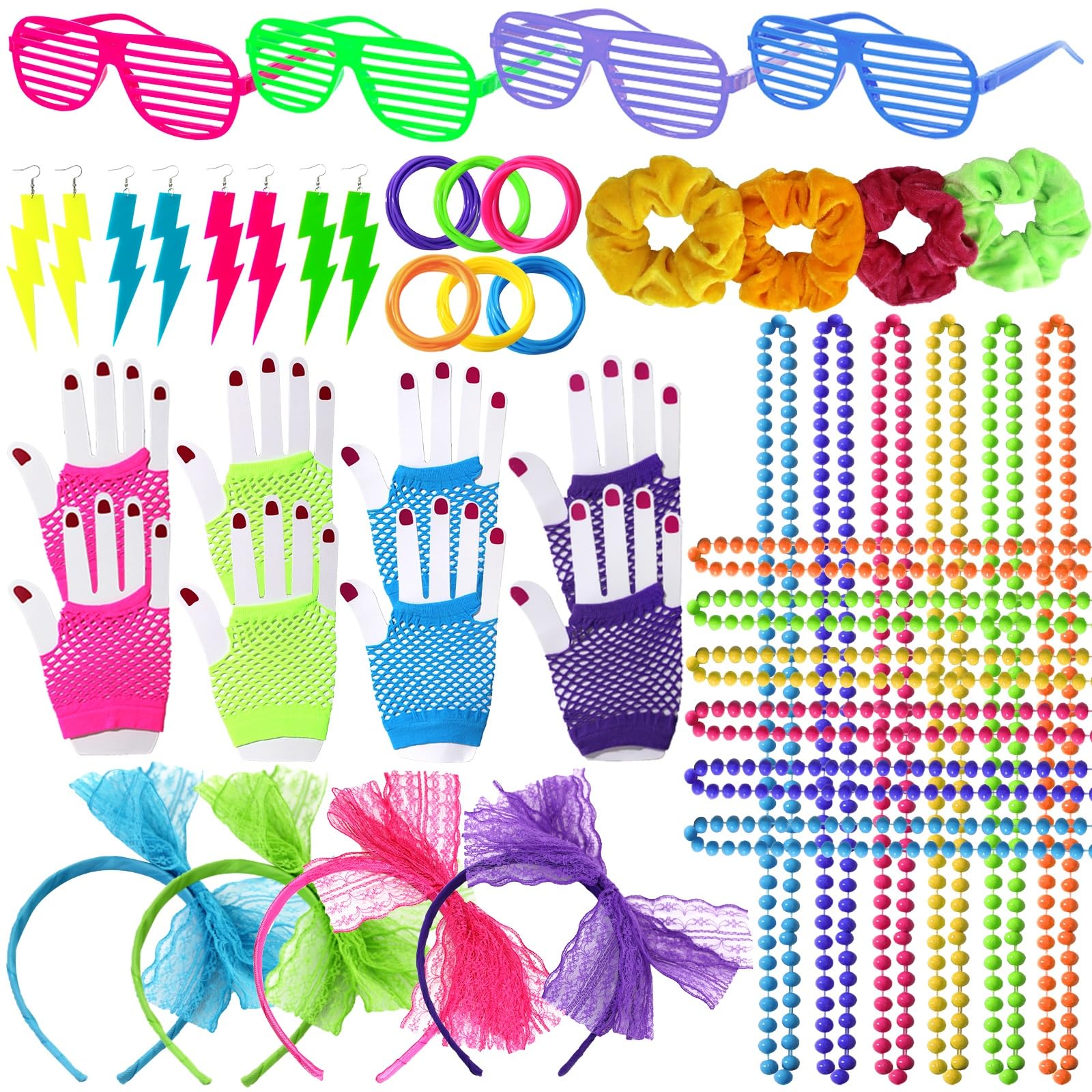 80s 90s Party Favors Birthday Supplies, 76Pcs Hip Hop Theme Gift Neon Earrings Glasses Gloves Necklace Slap Bracelet Neon Hair Scrunchies 80s 90s Party Decorations