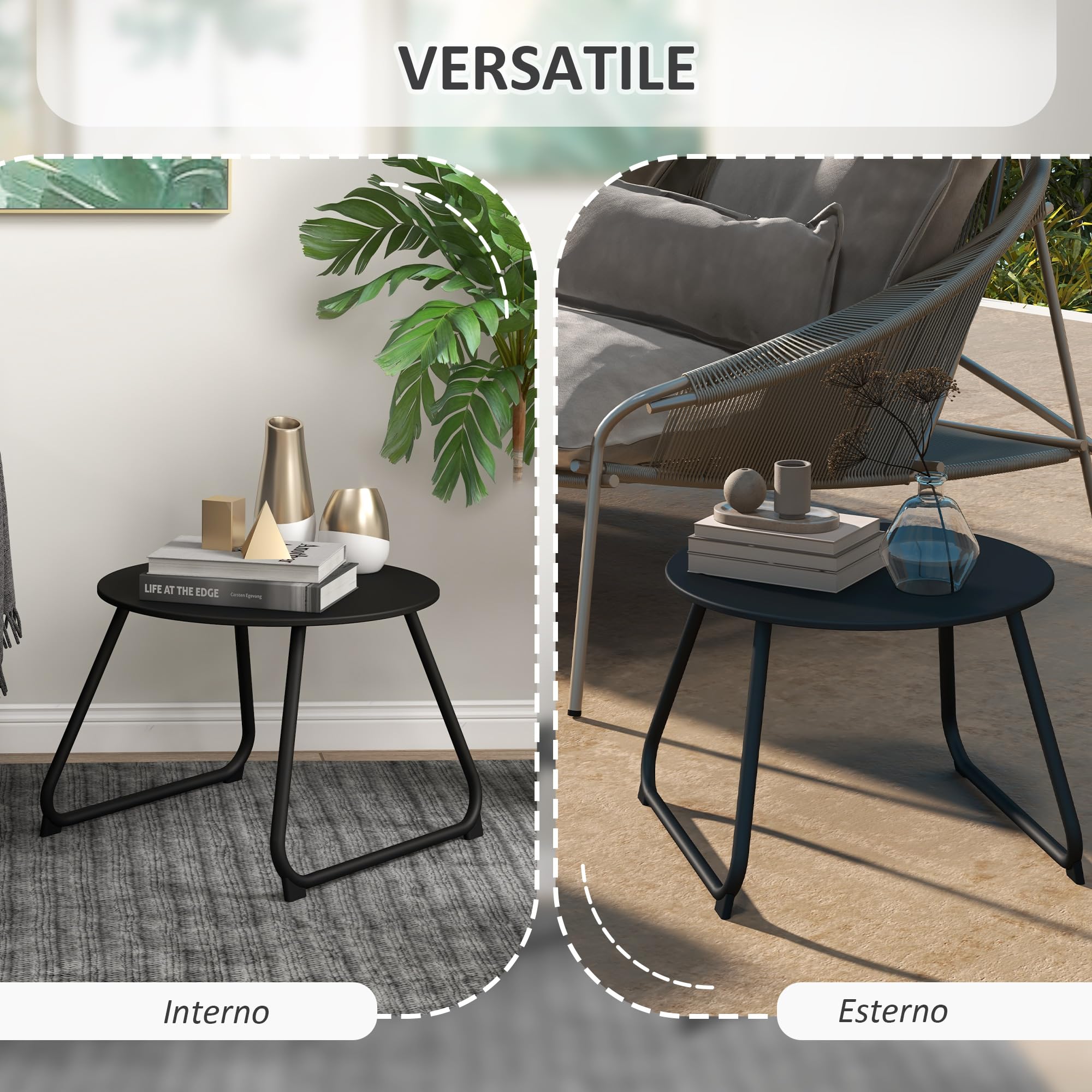 Outsunny Tavolino da Esterni Ø48x37 cm Metallo Nero Piedini Regolabili
