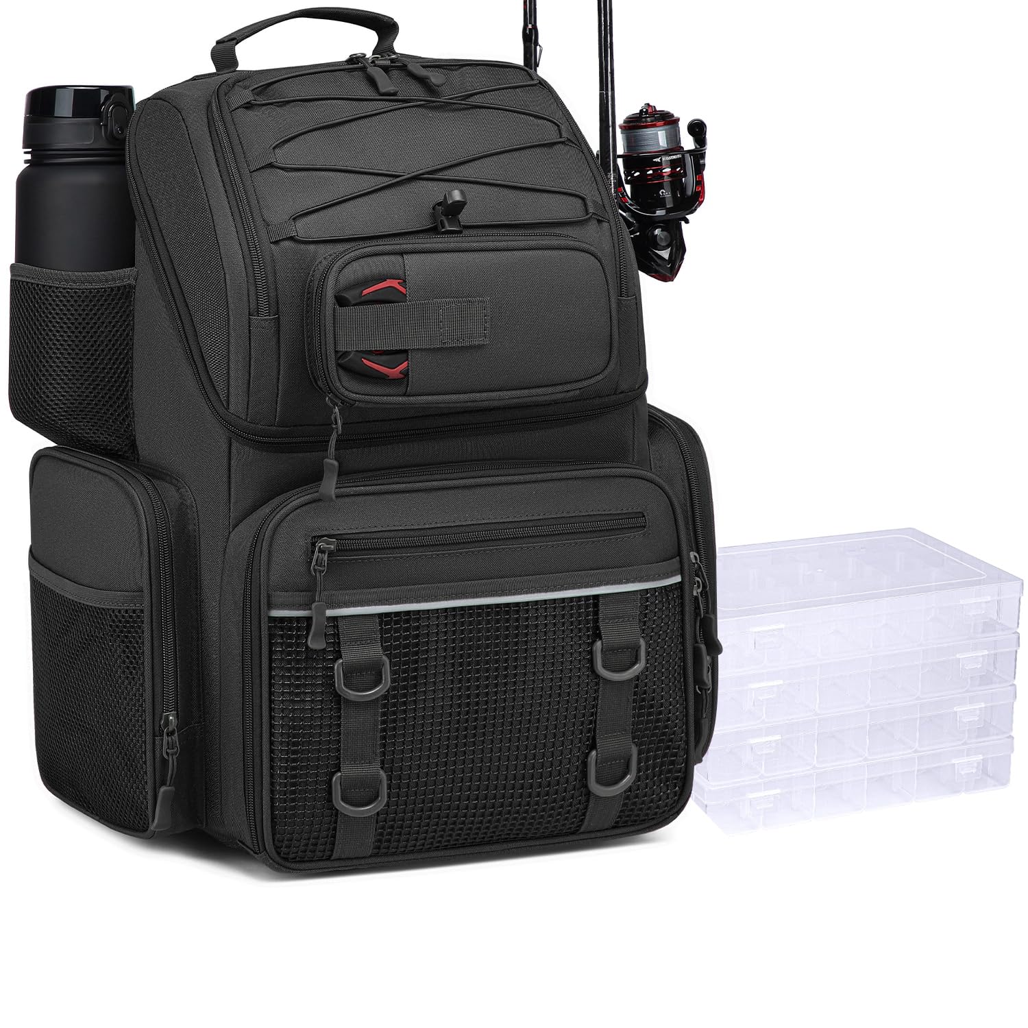 FRETHIND Angelrucksack mit 4 Boxen 50L Angeltasche mit Kühlfach & Rutenhalter wasserabweisend Angelzubehör Rucksack für Angeln Camping Wandern (Schwarz)