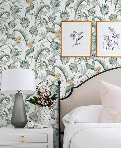 Miniatura 7 de Papel tapiz autoadhesivo de 16.14 x 118 pulgadas, diseño floral, hojas de loto, pájaros, papel de contacto con flores, papel de contacto