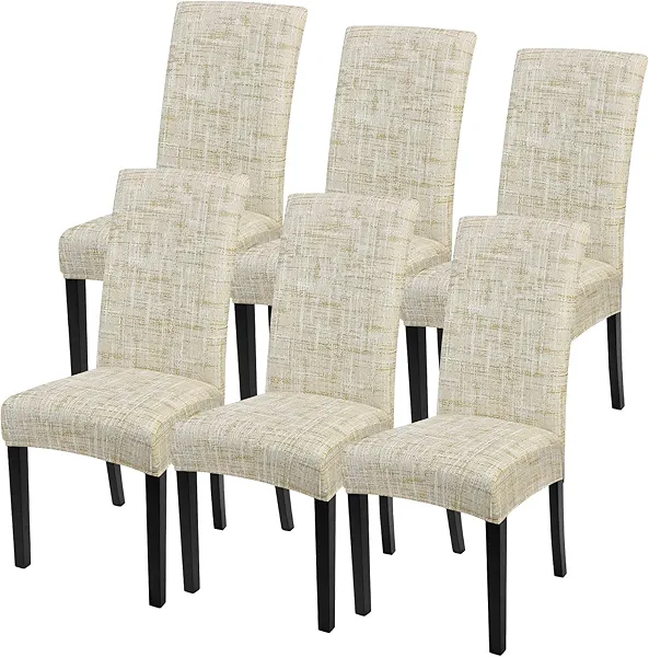 SearchI Dining Room Chair Covers Set of 6, Stretch Printed Floral Parsons Chair Slipcovers Removable Washable Kitchen Chair Protector Cover for Dining Room, Hotel, Ceremony (Beige Textured Grid)