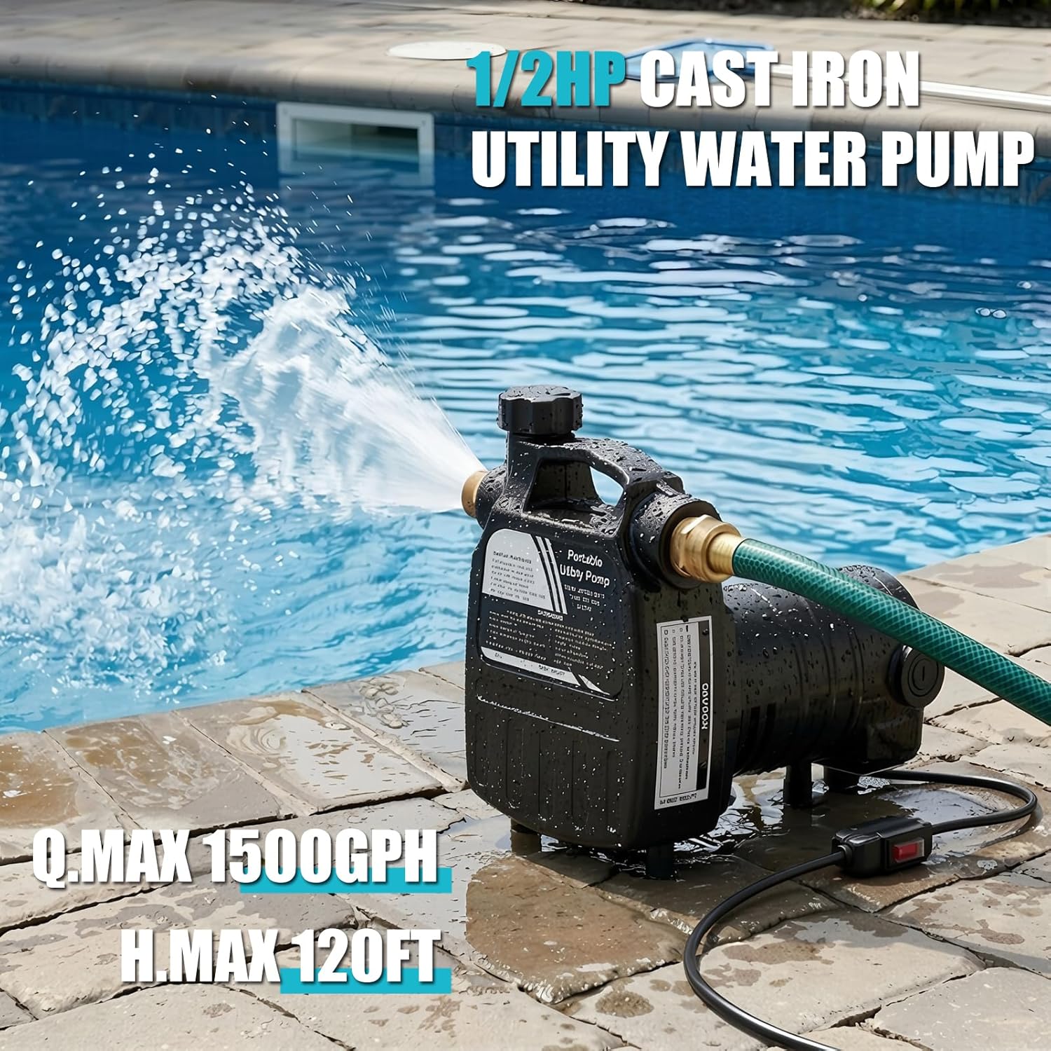 Utilitech Cast Iron Water Transfer Pump, 115V 1/2HP 1500 GPH Portable High Pressure Electric Utility Water Pump with ON/OFF Switch, for Garden, Rain Barrel, Pool, Pond, Hot Tub, Aquarium Draining
