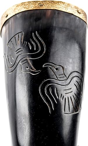 Miniatura 7 de Mythrojan The Bird of Prey - Cuerno vikingo con soporte de cuero marrón, auténtica taza de vino vikingohidromiel inspirada en la Edad Media, acabado