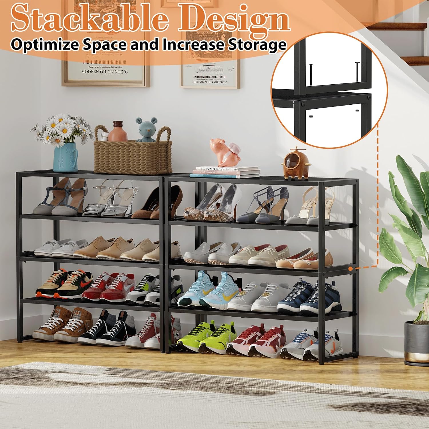 2 Tier Shoe Rack Organizer for Closet and Entryway, Expandable & Stackable Metal Shoe Storage Shelf, Adjustable Small Shoe Rack (17.52-28.74 in), Black