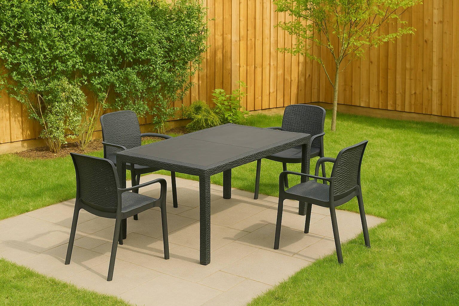 Dmora - Set Salotto da Esterno Tarquinia, Salottino Outdoor e Indoor, Tavolo Rettangolare Fisso con 4 sedie impilabili, Made in Italy, Antracite
