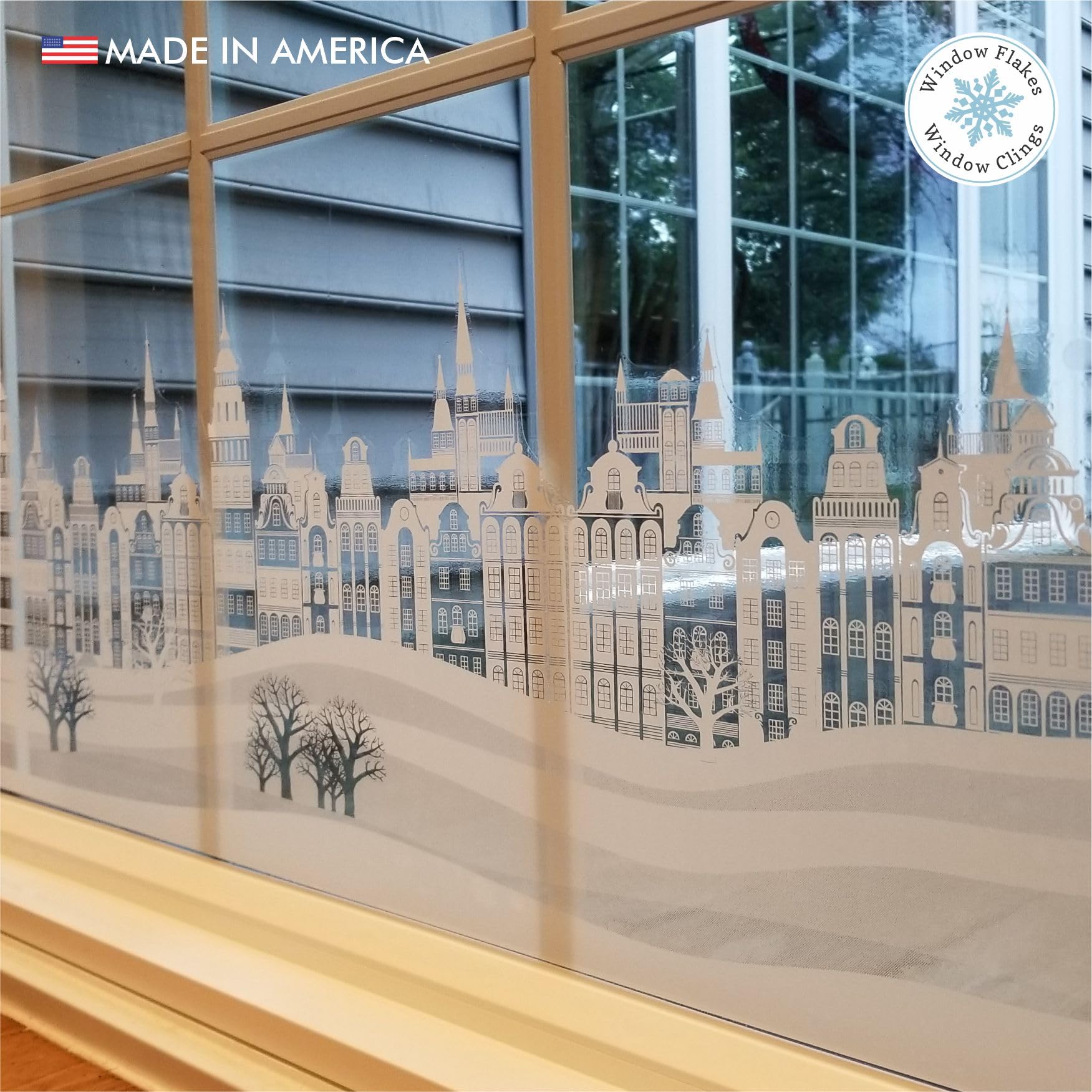 Décoration de fenêtre de Noël – Paysage urbain – Décorations de fenêtre de Noël – Autocollants réutilisables non adhésifs pour fenêtre et porte