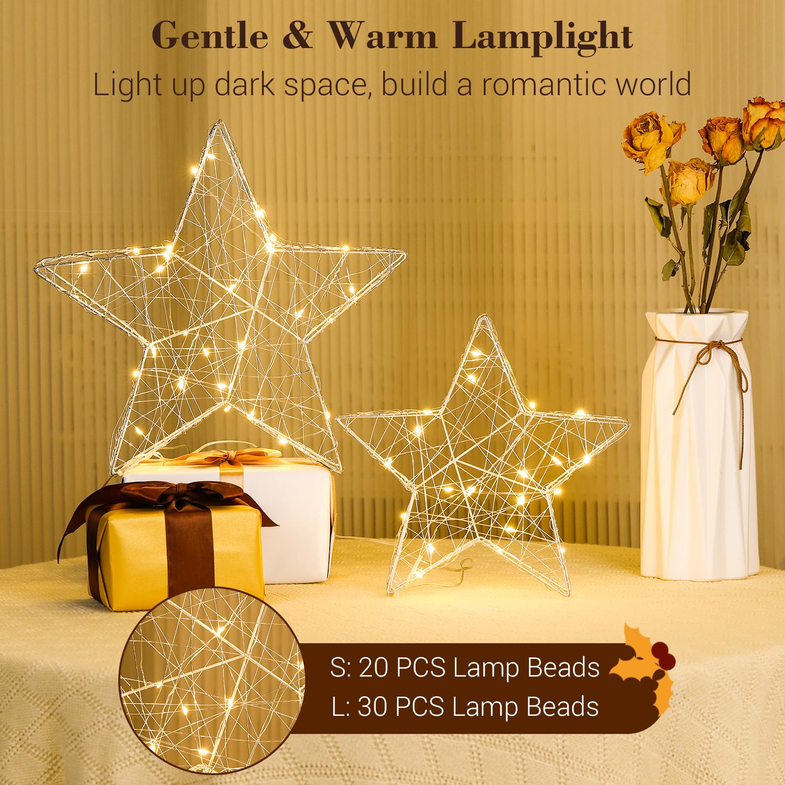 Lewondr Tischlampe, 2 Stück LED Sterne Deko mit Eisenrahmen, Silber | Weihnachten Nachttischlampe, Batteriebetrieben, Tischdeko Weihnachtsbeleuchtung Fenster Schlafzimmer Zuhause Büro