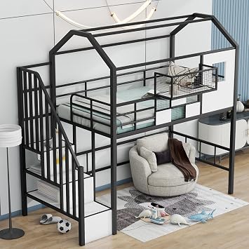 House Loft Bed Twin with Stairs, Playhouse Loft Bed with Storage for Kids, Black
