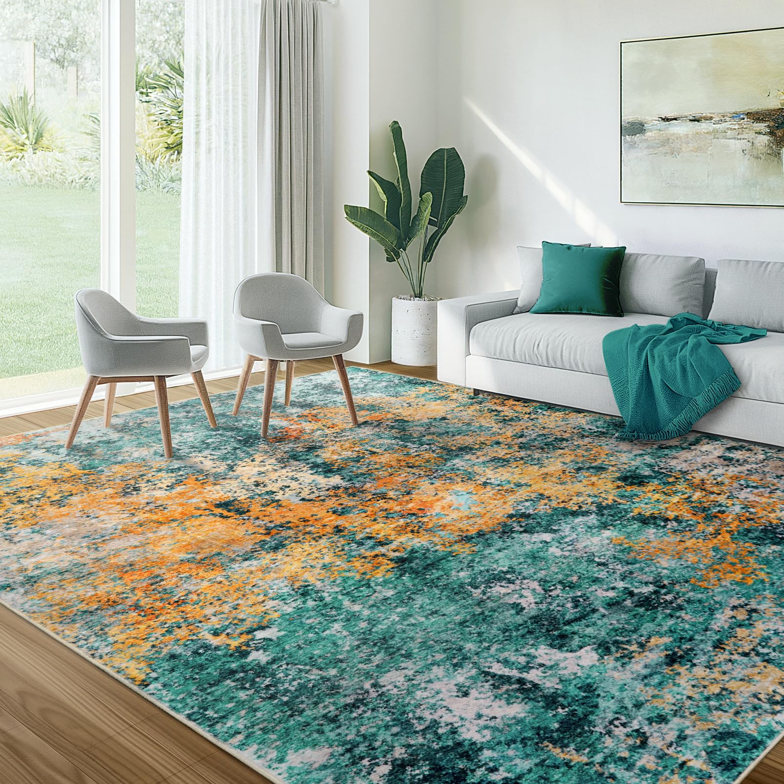 AUKOW Washable Area Rug for Living Room: 8x10 Modern Abstract Neutral Soft Rug for Bedroom Dining Room No Slip Low Pile Carpet for Nursery Home Office