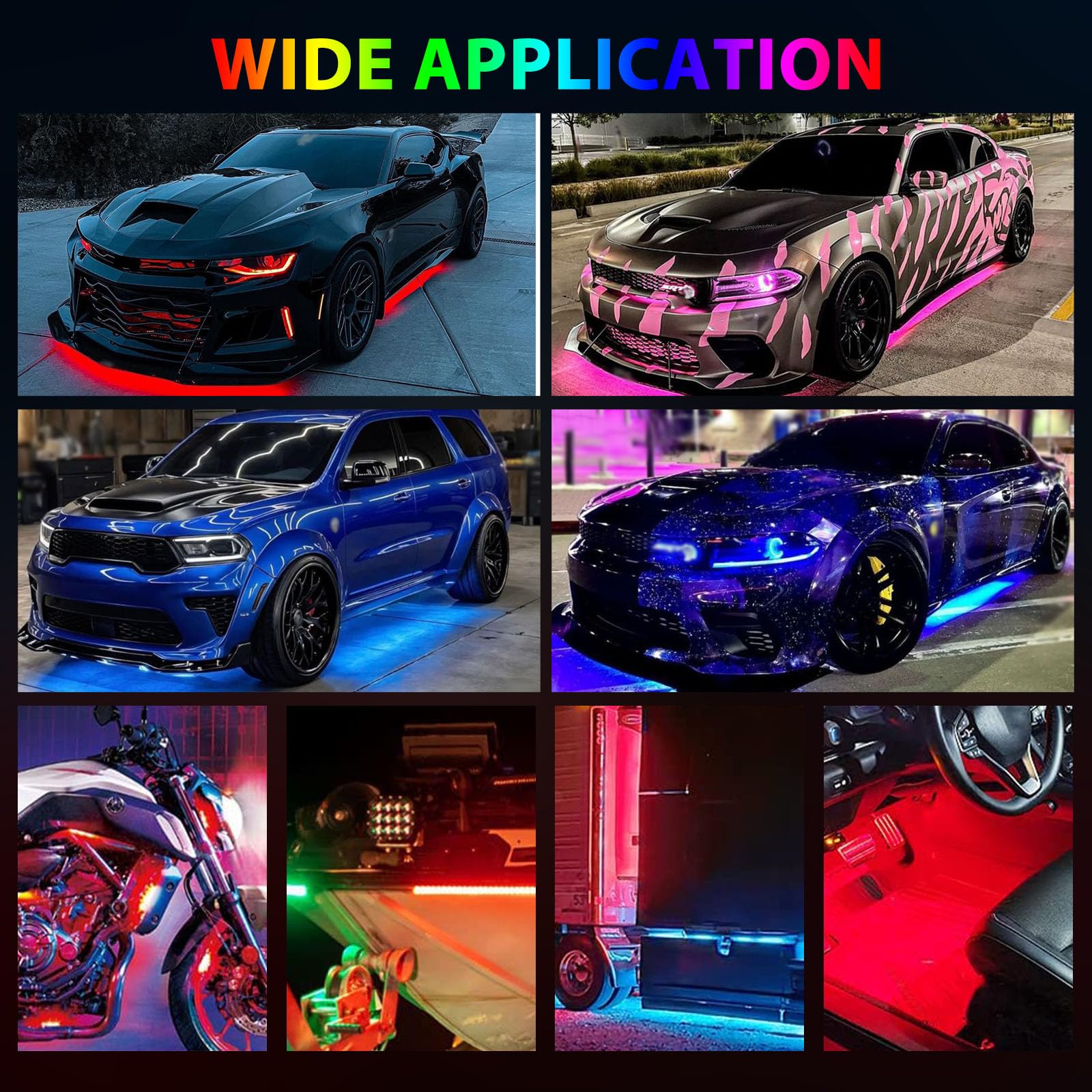 Car Underglow Neon Accent Strip Lights, 6PCS RGB LED Under Glow Light Kit for Car,Waterproof Exterior Car Light Strips for Van SUV Truck,with APP & RF Remote Control,DC 12V