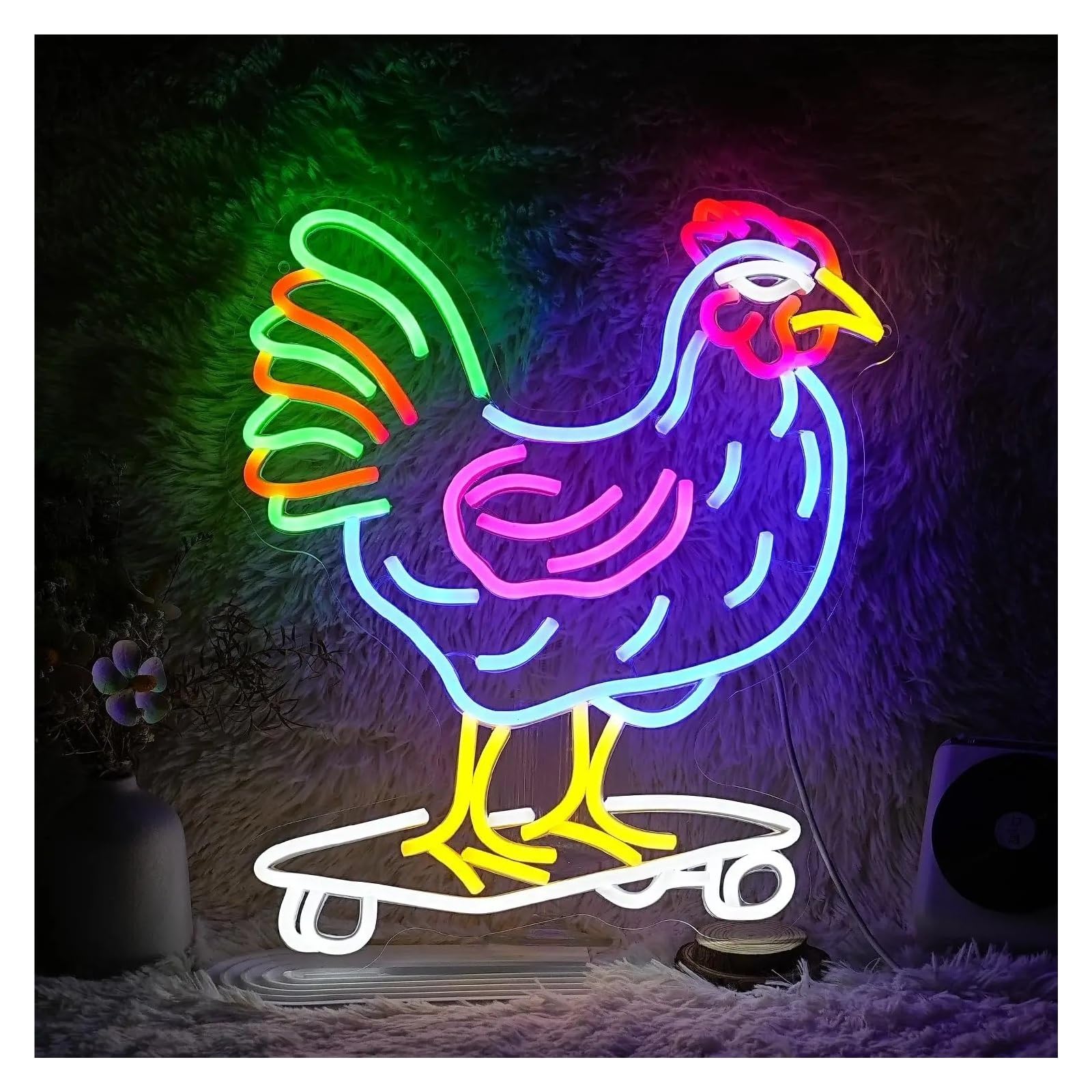 RONGCH Hanging Art Signs Skateboarding Rooster Neon Sign for Gameroom Bedroom Bar Livingroom Party Wall Decor 47x36cm
