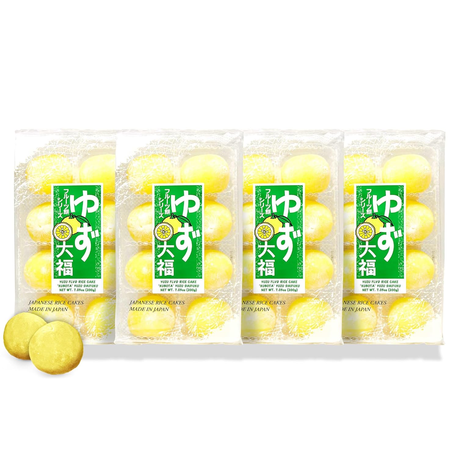 Japan Crate Kubota Daifuku Mochi - 4-Pack Yuzu Japanese Mochi Candy, Soft & Chewy Rice Cakes with Yuzu Paste Filling, Fridge & Freezer-Friendly Japanese Dessert