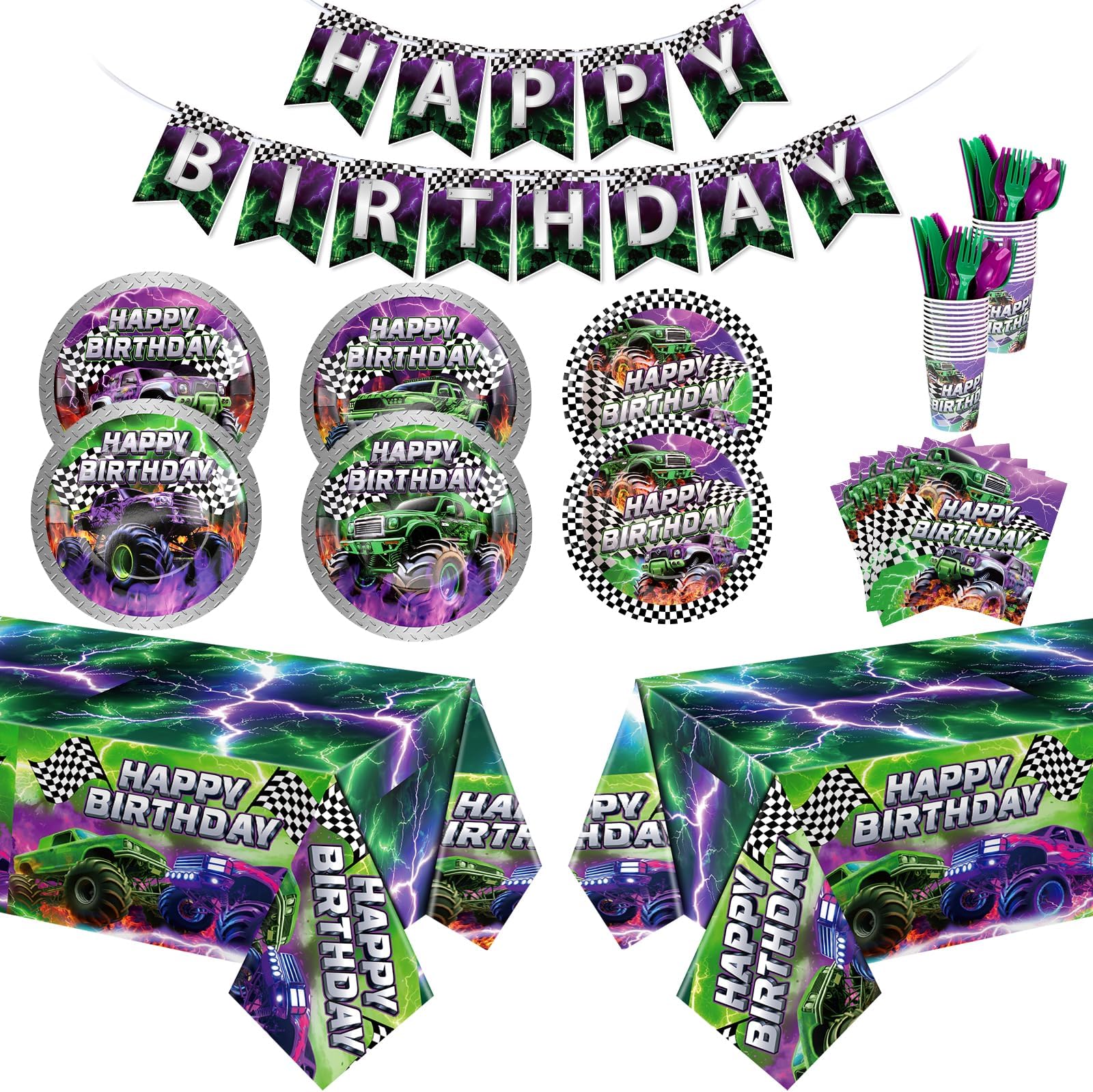 Mifoci 171 Pcs Monster Truck Party Supplies Tableware Kit Serve 24 Guest Plates Cups Knives Forks Spoons Napkins Tablecloths Banner for Truck Party Racing Car Birthday Decorations (Green Purple)