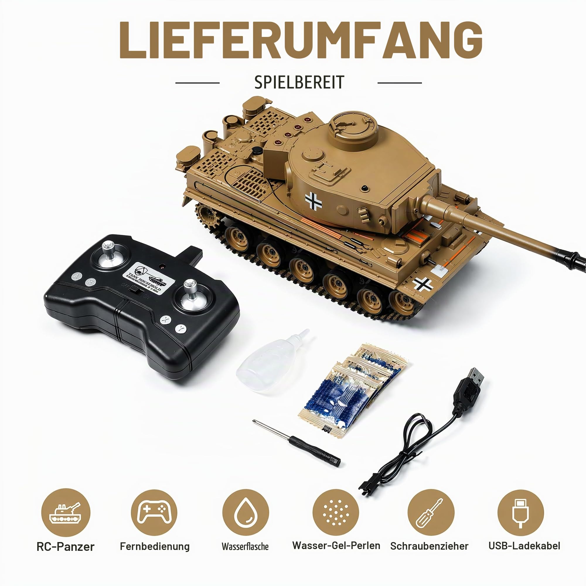 RC Panzer, 1:22 Modell Bausatz Set Projekt Geschenkset | Ferngesteuerter Panzer: Infrarot-Spielmodus, Wasserperlen-Werfer, Rauch, Sound und 2.4G-Steuerung; Outdoor-Fahrten