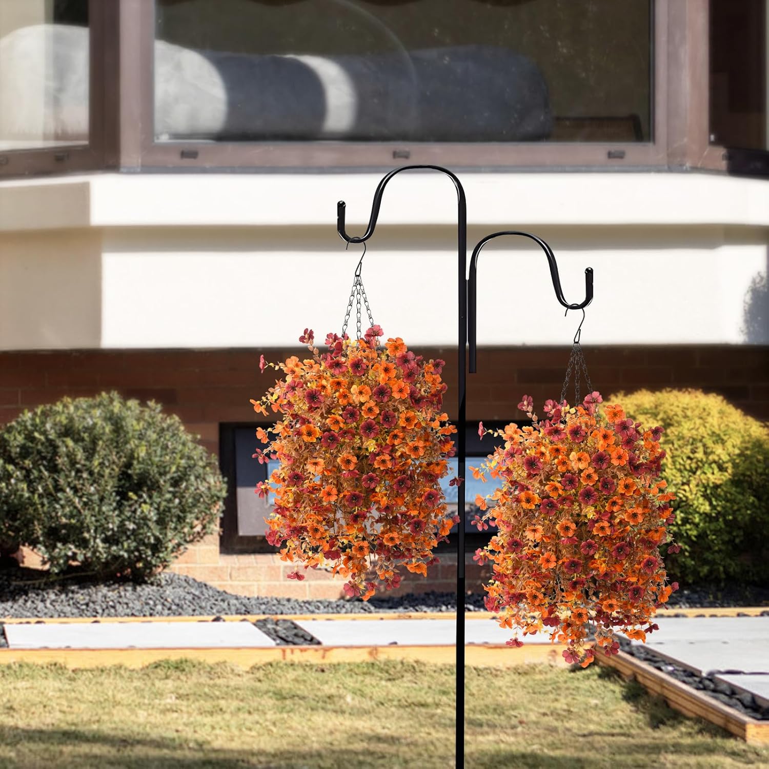 Artificial Faux Fall Hanging Flowers Plants Basket for Fall Outdoor Decoration,Fake Silk Orange Mums planters UV Resistant Look Real for Home Porch Patio Yard Outside Autumn Decor (Brown Orange)