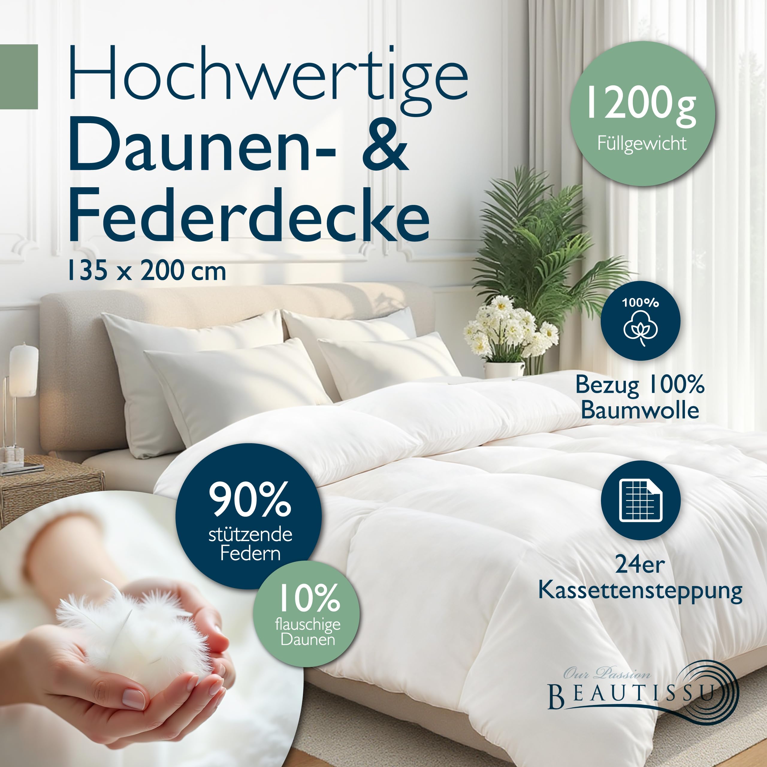 Beautissu Ganzjahresdecke Federbettdecke mit Daunen Federn Downpass Nomite | 135x200cm 100% Baumwollbezug Daunendecke waschbar Oeko-Tex Zertifiziert Ganzjahresbettdecke GF