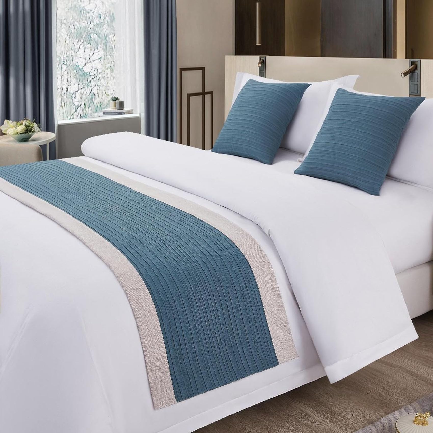 CLMETHE Cotton Linen Contrast Color Bed Runner Decorative Bed Scarf Bedding Protector Simple Bedspread for Hotel Home Wedding Guesthouse,B-50 * 180CM(1.2m bed)