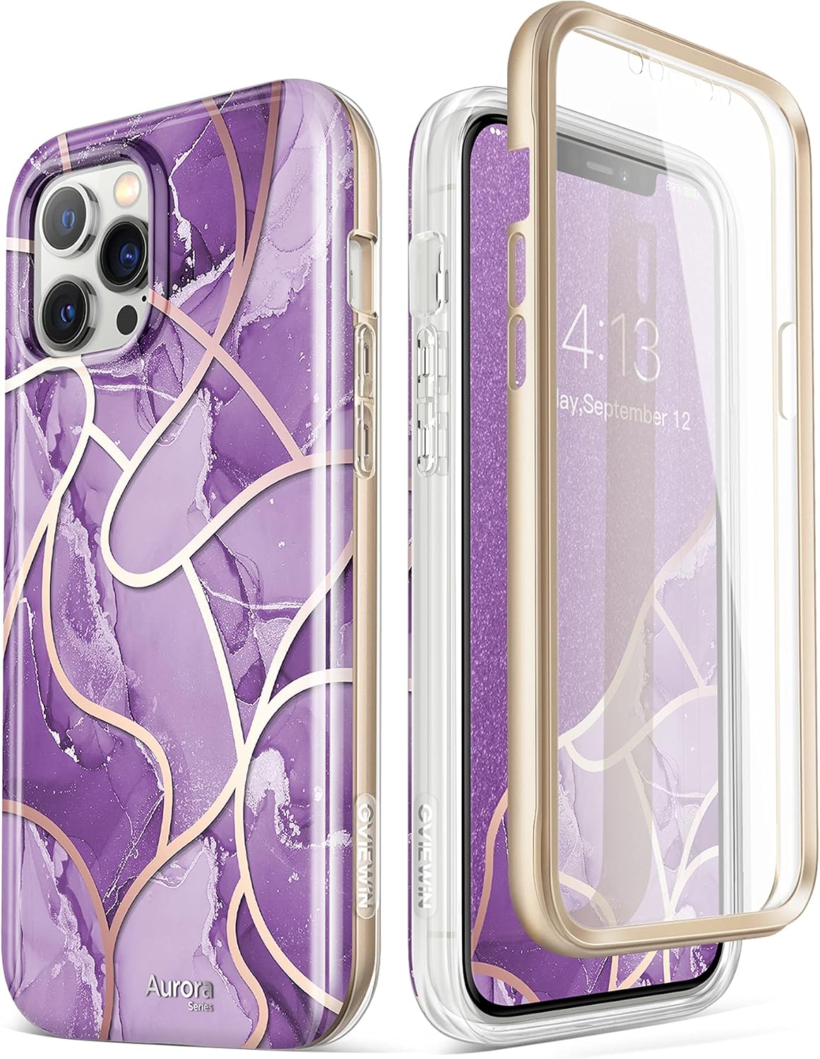 GVIEWIN Compatible with iPhone 12 Pro Max Case 6.7 inch 2020, Women Marble Shockproof Cover with Full-Body Protection, [Built-in Screen Protector] for iPhone 12 Pro Max Phone Case（Noble/Purple）