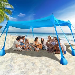 Rhino Valley UPF50+ Beach Tent, Sun Proof Garden Tent with 8 Sandbags Insertion, Outdoor Beach Shelters with 4 Support Poles for Picnics, 3 x 4 m, Sky Blue