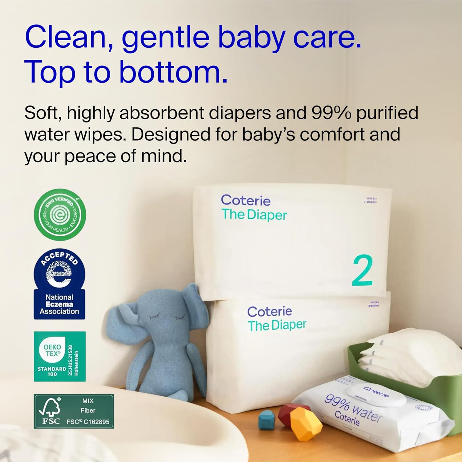 coterie baby wipes + diapers kit, size 1 (99 count) & size 2 diapers (186 count), 4 pack (224) baby wipes with 99% water, plant based materials, hypoallergenic for sensitive skin size 1 (99 count) + size 2 (186 count) + wipes (4 pack)