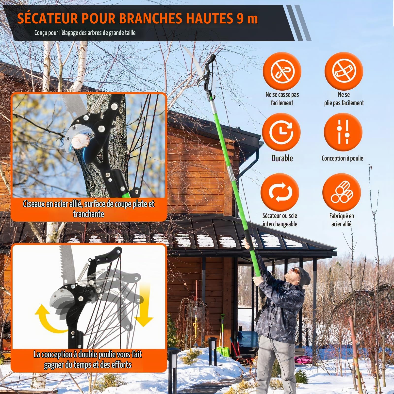 Scie d'élagage avec manche télescopique, 9 m, scie à main, mécanisme de poulie, kit d'outils de jardin avec sac de transport pour palmiers, arbres hauts (sécateur inclus)