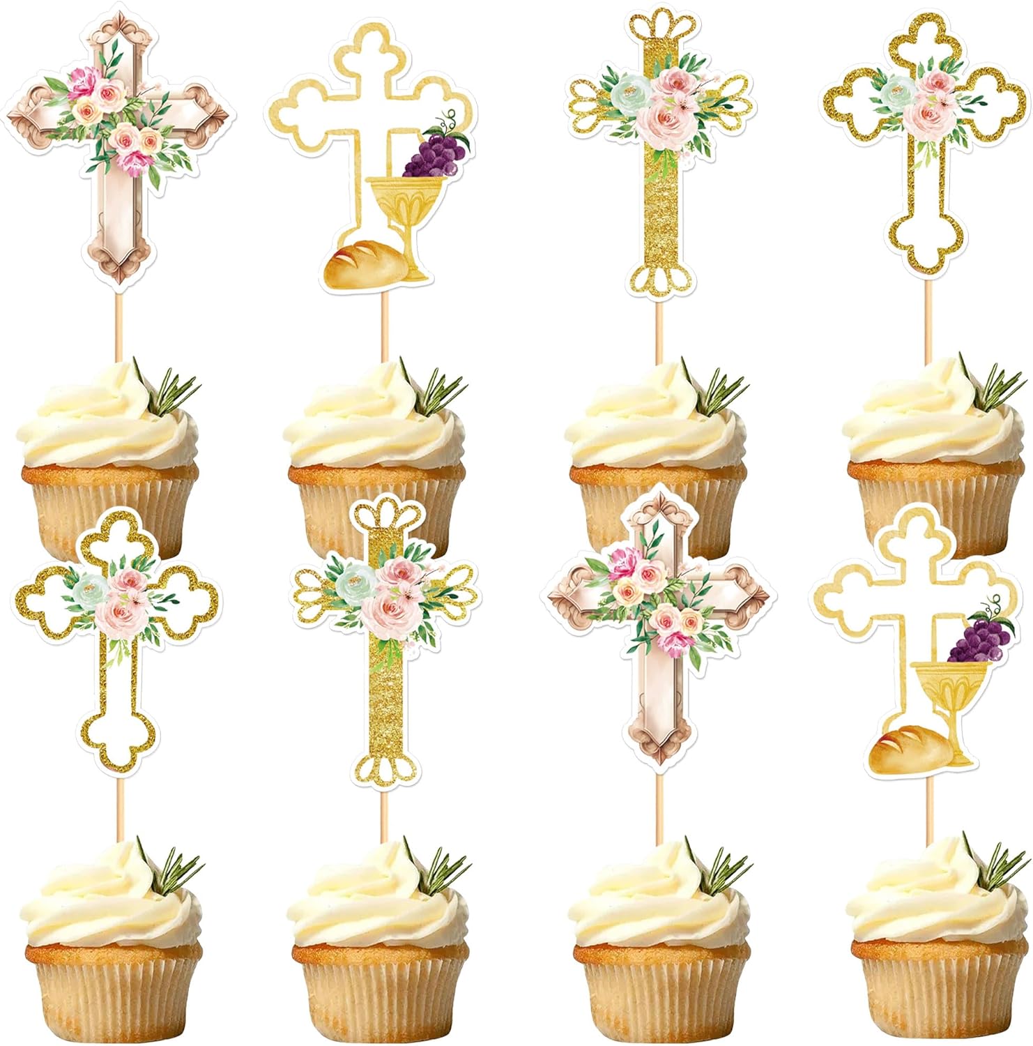 Ercadio 24 PCS Printed Floral Cross Cupcake Toppers Christian Baptism Cross Cupcake Picks for Religious Baby Shower Jesus Birthday He is Risen Easter Day Christmas Church Service Party Cake Supplies