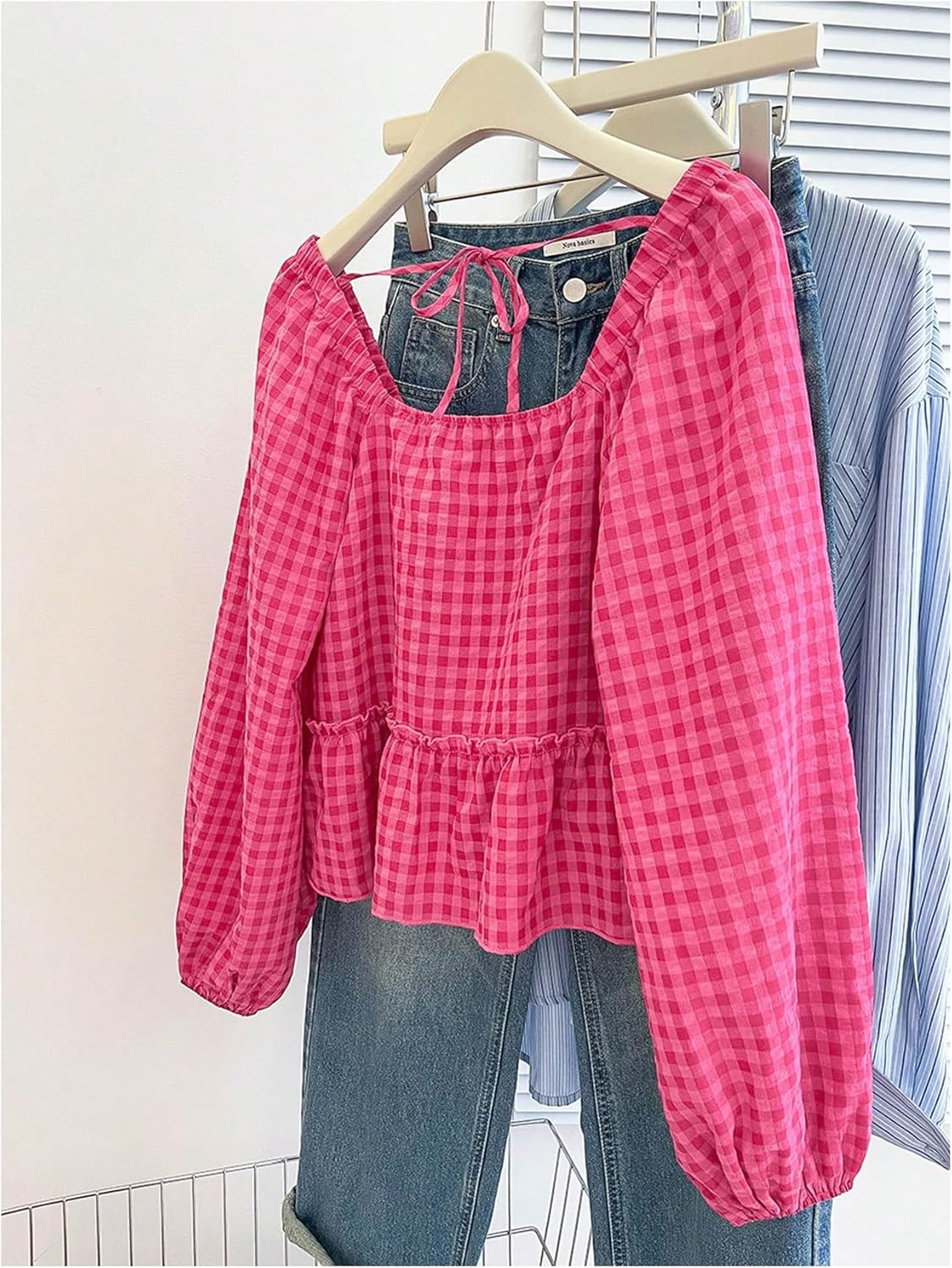 Floerns Women's Plus Size Cute Gingham Lantern Sleeve Blouses Ruffle Tie Back Babydoll Crop Tops - Image 3