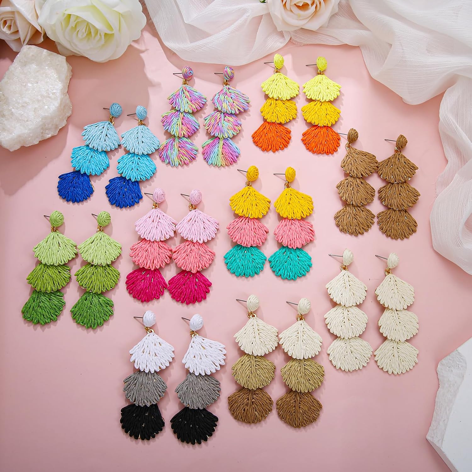 Raffia Shell Earrings for Women, Summer Beach Vacation Jewelry, Lightweight Handmade Dangle Earrings - Image 6