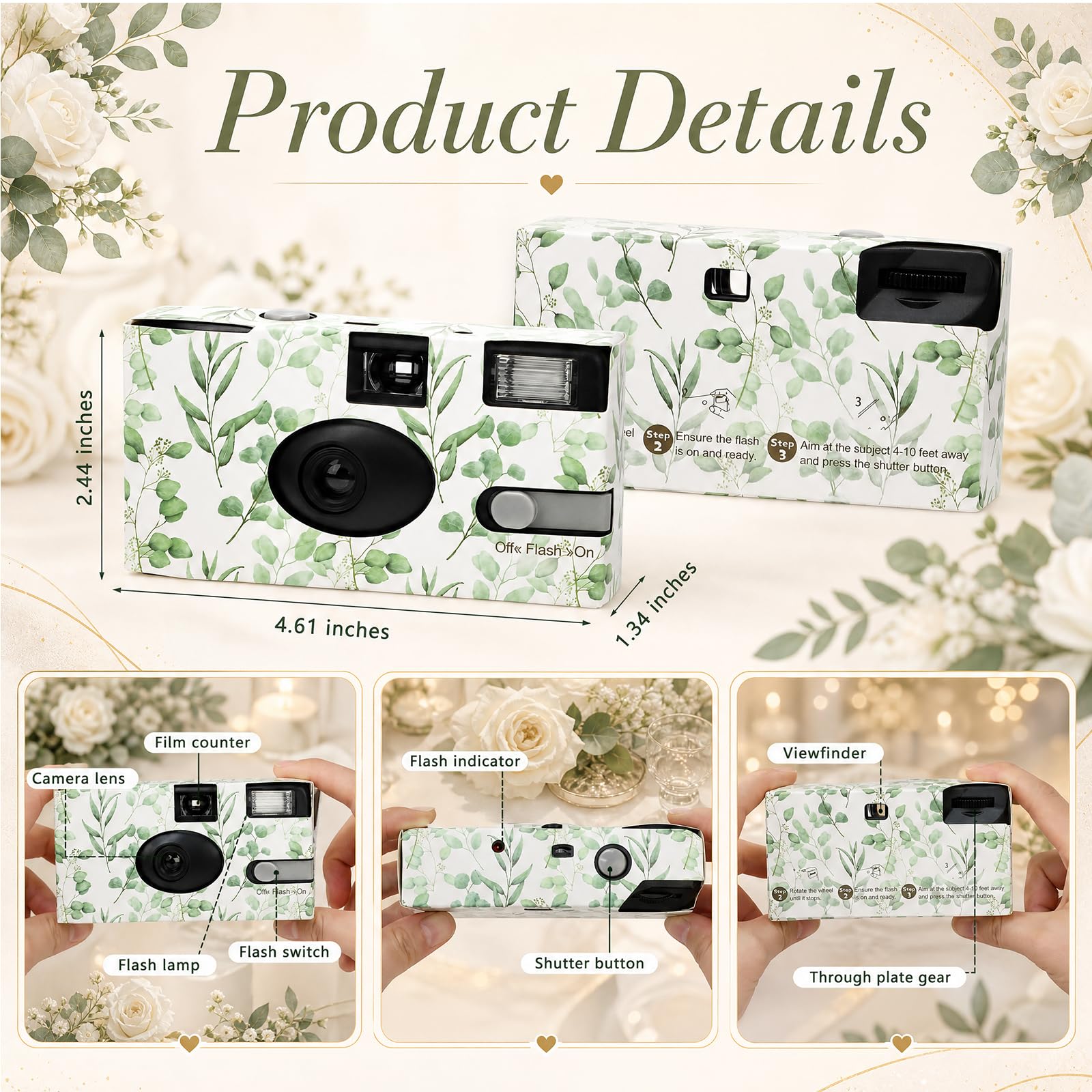 Paquete de 6 cámaras desechables a granel para boda con película mejorada de 35 mm, cámara desechable de eucalipto de un solo uso con flash, ISO 400 17 exposiciones para viajes al aire libre