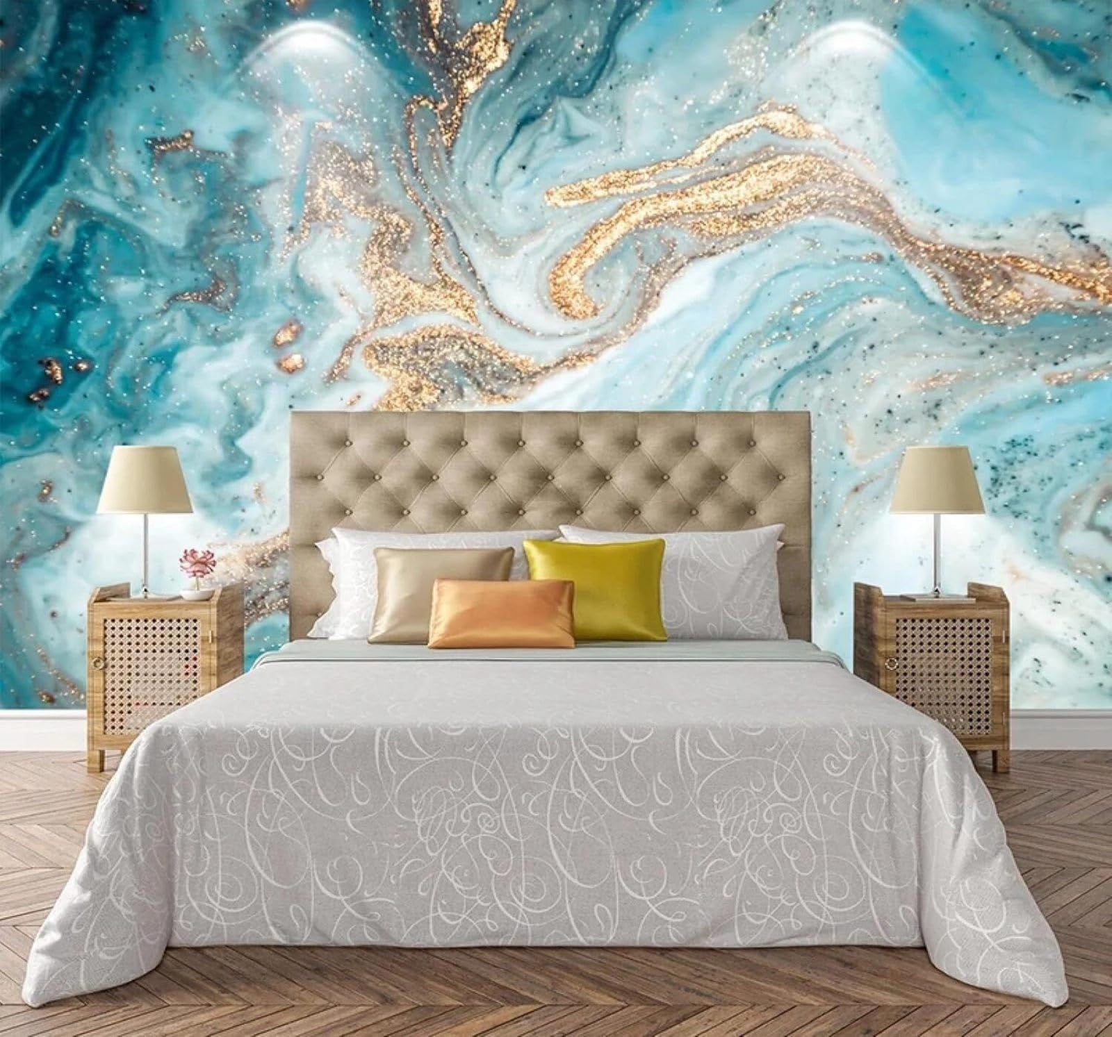 Tzxztt Abstract Gold Blue Ink Marble Effect Modern 3D Wallpaper Premium Textured Silk Neutral Tones Material Ideal for Living Room Bedroom-430cm×300cm