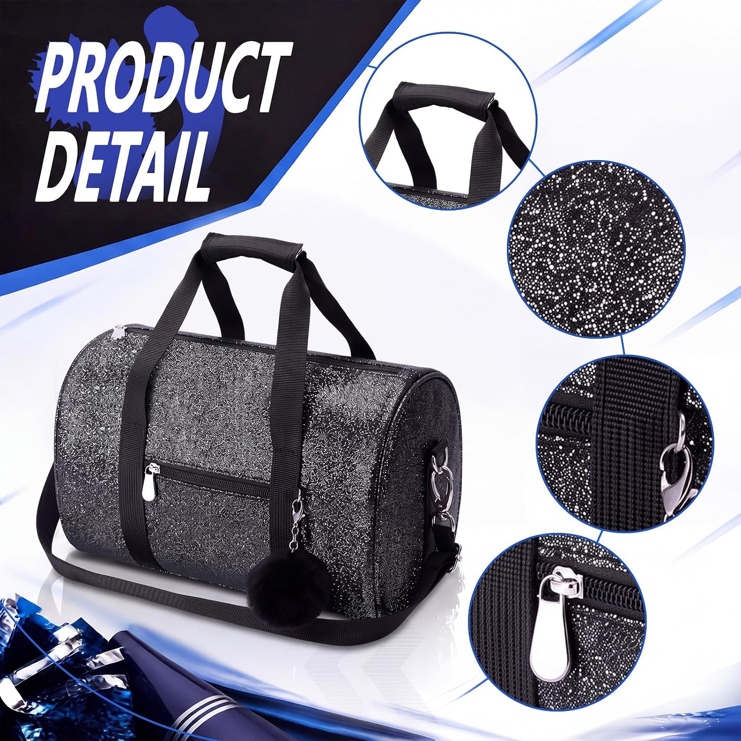 2 Pcs Glitter Cheer Duffel Bag Cheerleading Ballet Dance Bag, Black