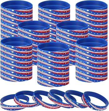 Foilswirl 100 Pcs 4th of July Rubber Bracelets Silicone Wristbands for Independence Day Decorations Supplies Fourth of July Party Favors for Veterans Memorial Prizes Gifts