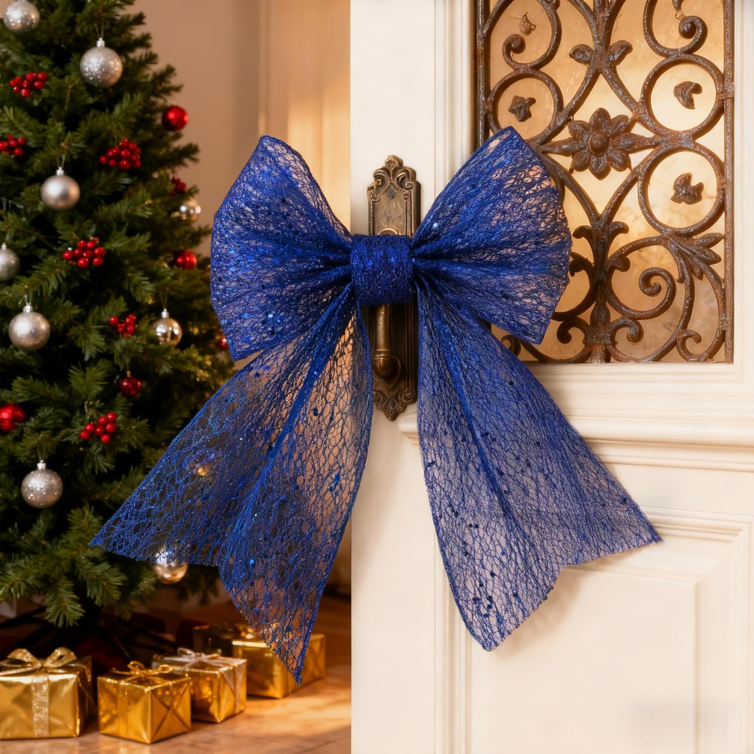 6 Inches Royal Blue Mesh Glitter Wired Ribbon 10 Yards Mesh Sparkling Wired Ribbon for Christmas Tree Gift Wrapping Craft Wreath