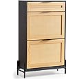 GarveeHome Fluted Shoe Cabinet Storage for Entryway, Wood Shoe Rack with 2 Flip Drawers and Open Shelf, Modern Entryway Organizer for Foyer, Hallway, Entrance, Black